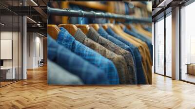 A variety of stylish men's jackets and shirts displayed on wooden hangers in a modern, well-lit clothing store showcasing fashionable apparel Wall mural