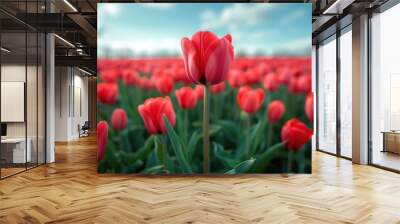 A vast field of vibrant red tulips in full bloom under a blue sky with scattered clouds capturing the beauty and serenity of spring in nature Wall mural