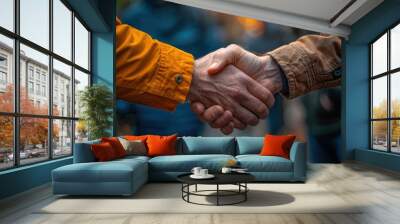 A vibrant photograph capturing a firm handshake between two individuals wearing brightly colored jackets, set against a soft, out-of-focus outdoor background Wall mural