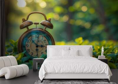 A vintage alarm clock with a weathered, antique finish sits amidst lush green foliage with a sun-dappled background, capturing the essence of nature and time Wall mural