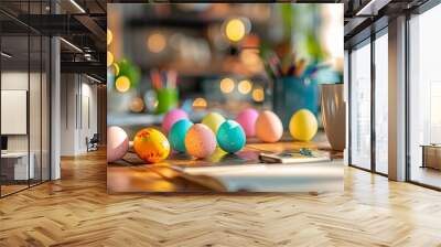 A Whimsical Office Easter Egg Hunt: Colorful Eggs Secretly Nestled Among Desks, Computers, and Coffee Mugs, Sparking Joy and Team Spirit Wall mural