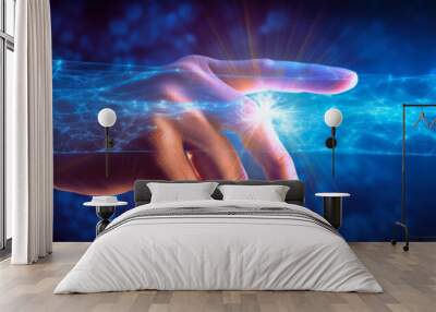 abstract panorama of a stylized human hand reaching out to a glowing digital interface, symbolizing telemedicine Wall mural