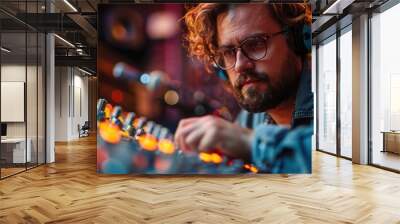 An audio engineer with curly hair and glasses is intensely focused on adjusting knobs on a mixing console in a vibrant, colorful recording studio with dim lighting Wall mural