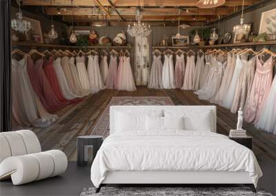 An elegantly decorated bridal gown boutique with a rustic wooden floor, displaying a wide variety of beautiful wedding dresses arranged neatly on hangers Wall mural