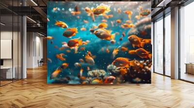 An underwater scene teeming with vibrant orange fish swimming near coral reefs, illuminated by beams of sunlight filtering through the clear blue water Wall mural