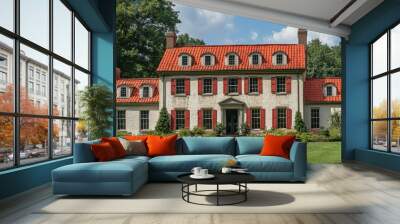 Beautiful and spacious colonial-style house with a red-tiled roof set amidst a tranquil and lush green landscape under a vibrant blue sky Wall mural