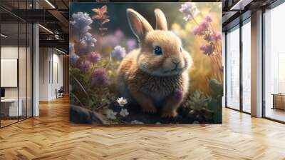 Bouncing Baby Bunny Hopping Through a Blossoming Garden, generative ai Wall mural