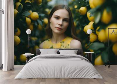 Charming portrait of a woman wearing a lemon-colored dress with lemon blossoms in the background, generative ai Wall mural