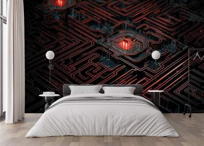 Circuit board maze in shades of gray and black with glowing red accents, generative ai Wall mural