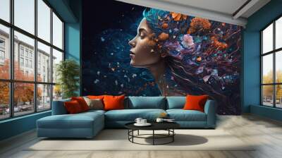 Dreamlike portrait of a woman with hair made of flowers wearing a galaxy dress, generative ai Wall mural