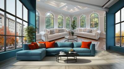 Elegant sunlit living room with high ceilings, large picture windows and stylish furniture, providing a tranquil and sophisticated atmosphere perfect for relaxation and leisure Wall mural