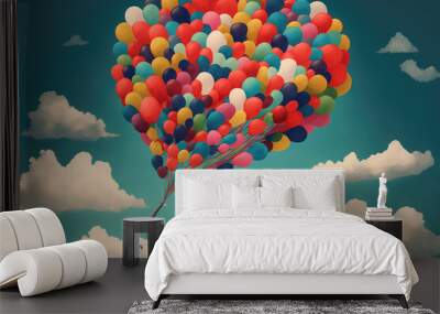 elephant holding helium balloons, floating in a sky filled with clouds and hearts, celebrating valen Wall mural