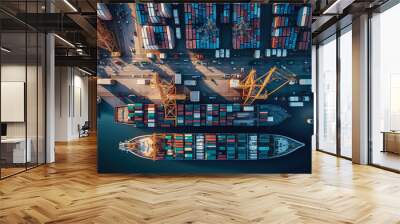 Global Trade Routes aerial view of a busy shipping port with container ships, cranes, and cargo boxes, generative ai Wall mural