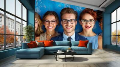 Group of diverse young professionals wearing glasses and smiling in front of a textured blue background representing unity and collaboration Wall mural