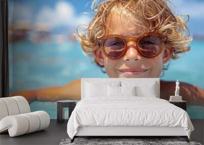 Happy young boy with sunglasses enjoying a sunny day while swimming in crystal clear blue water, exuding a sense of carefree youth and aquatic fun Wall mural