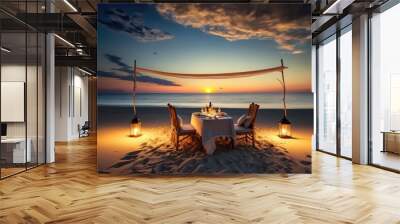 Honeymoon couple having a romantic dinner on the beach, generative ai Wall mural