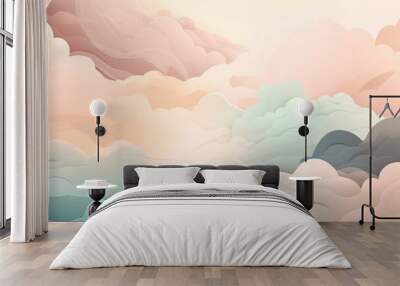 Minimalistic background with transparent overlays of abstract clouds in soft pastel colors, generative ai Wall mural