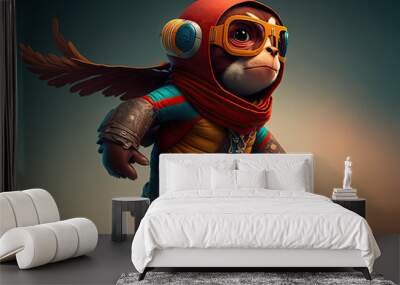 mischievous monkey dressed in a superhero costume, flying through the city skyline, generative ai Wall mural