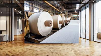 Modern paper mill factory with machines turning wood pulp into rolls of paper for various uses, generative ai Wall mural