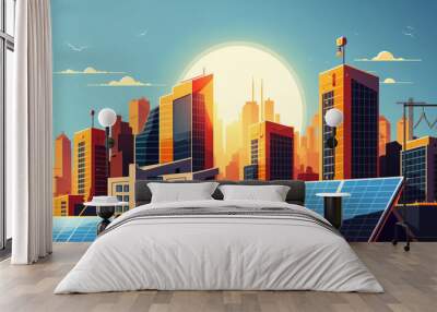 modern rooftop solar panel installation with a city skyline in the background and a clear blue sky, generative ai Wall mural