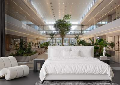 Modern shopping mall with spacious open layout, abundant natural light, and green indoor landscaping creating a serene and inviting environment for visitors Wall mural