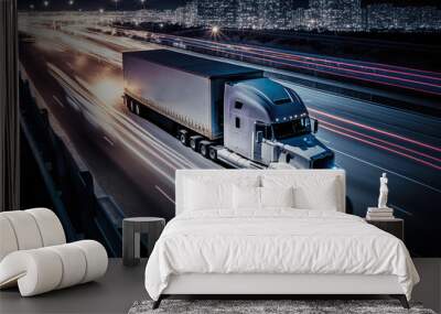 Nighttime Logistics sleek image of a delivery truck driving on a busy highway at night, showcasing the precision and efficiency of modern logistics, generative ai Wall mural