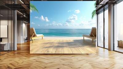 Relaxing beachfront scene with two sun loungers and a wooden deck shaded by palm trees looking out over a calm, clear ocean under a bright blue sky Wall mural