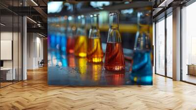 Row of colorful chemical solutions in glass Erlenmeyer flasks lined up on a laboratory workbench with focus on the vibrant hues in a modern industry laboratory Wall mural