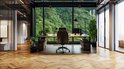 Step into an enchanting forest green office interior, where nature meets productivity, creating a serene oasis that boosts creativity and rejuvenates with its calming greenery, natural light Wall mural