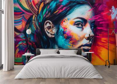 stunning street art portrait of a woman with an inspiring message and vibrant colors, generative ai Wall mural