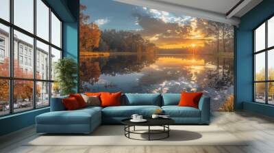 Stunning sunrise over a serene lake surrounded by vibrant autumn trees, with a breathtaking reflection in the water and a clear sky with scattered clouds Wall mural