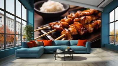 The photo captures a mouth-watering close-up of yakitori skewers, featuring tender chicken chunks and a tangy teriyaki glaze, served alongside steaming hot rice Wall mural