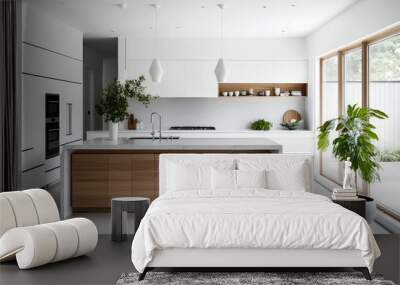 Timeless minimalist kitchen design with a wooden island and white cabinetry, generative ai Wall mural