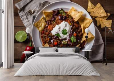 Top view of a plate of chili con carne with a dollop of sour cream, sliced jalapenos, and tortilla chips, generative ai Wall mural