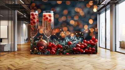 Two elegant champagne glasses filled with sparkling drink and raspberries surrounded by festive holiday ornaments and twinkling bokeh lights Wall mural