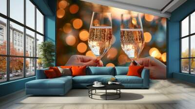 Two hands holding glasses of sparkling champagne in a celebratory toast with a bokeh background of golden lights during a festive occasion Wall mural