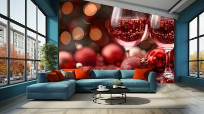 Two sparkling glasses of red wine with festive holiday ornaments and bokeh lights in the background creating a warm and celebratory atmosphere Wall mural