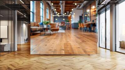 Vibrant and modern open-concept office space featuring stylish furniture, wooden floors, large windows, and ample natural light with a blurred background Wall mural