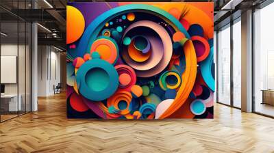 Vibrant mixed media composition with overlapping circular shapes and textures in a rainbow of colors, generative ai Wall mural