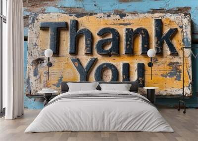 Weathered wooden sign displaying Thank You message in black letters on a distressed yellow background with a rustic blue wooden backdrop Wall mural