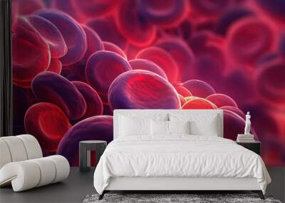 Wide aspect ratio of stylized red blood cells in a dark, mysterious, purple background Wall mural