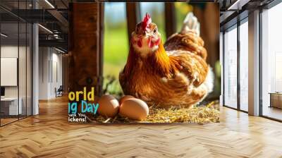 Vibrant, lively hen accompanied by her eggs, celebrating World Egg Day with words thank you, chickens Wall mural