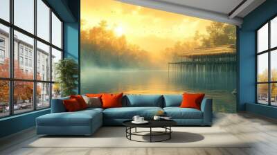 Misty Sunrise Over a River with a Wooden Hut Wall mural