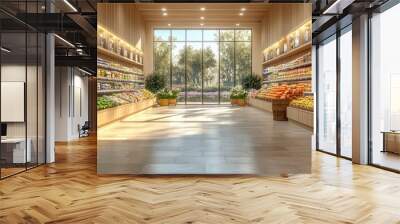 Modern Grocery Store Interior with Fresh Produce and Natural Light Wall mural