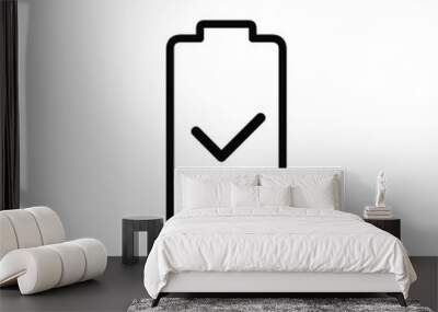 Black single 100 full charge with check mark line icon, simple shape battery power charging flat design infographics vector pictogram, app web button ui interface element isolated on white background Wall mural