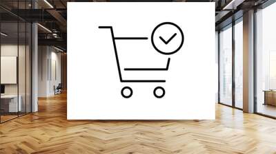 Black single order completed line icon, simple shopping cart with check mark flat design vector pictogram, interface elements for app logo web button ui ux isolated on white background Wall mural