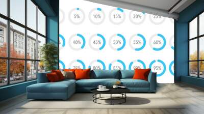 Set of ocean blue infographic percentage piecharts, segment of circle icons 10% - 100%, simple flat design loading data interface elements app button ui ux web, vector isolated on white background Wall mural