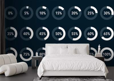 Set of white infographic percentage piecharts / segment of circle icons 0% - 100%, simple flat design loading data interface elements app button ui ux web, vector isolated on black background Wall mural