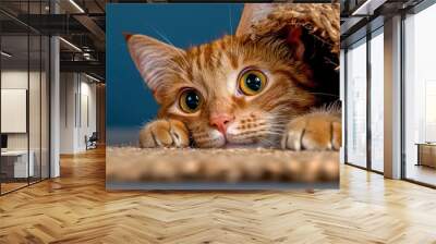 Curious Red-Haired Cat Peeking Into A Woven Straw Bag On A Jute Carpet Wall mural