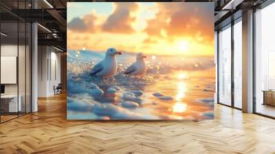 Two Seagulls at Sunset on the Beach Wall mural